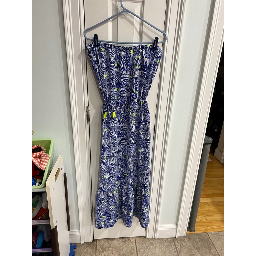 Vineyard Vines Blue White Palm Print Strapless Tassel Maxi Dress XL